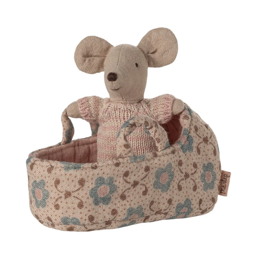 Maileg Baby Mouse in Carry Cot Rose