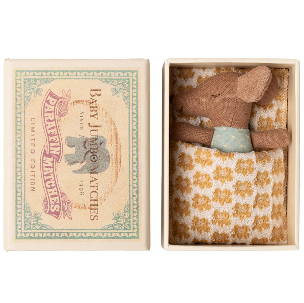 Maileg Sleepy Wakey Baby Mouse in Matchbox Blue 2025
