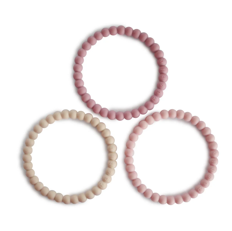 Mushie Bracelet Teethers 3 pc Linen Peony and Pale Pink
