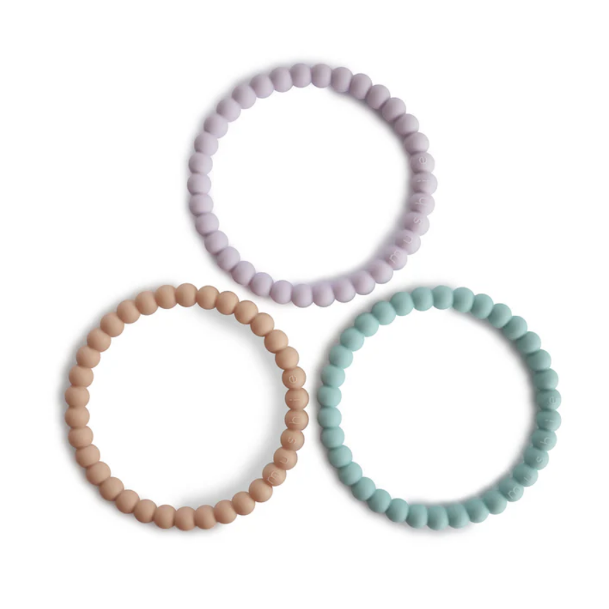 Mushie Bracelet Teethers 3 pc Lilac/Cyan/Soft Peach