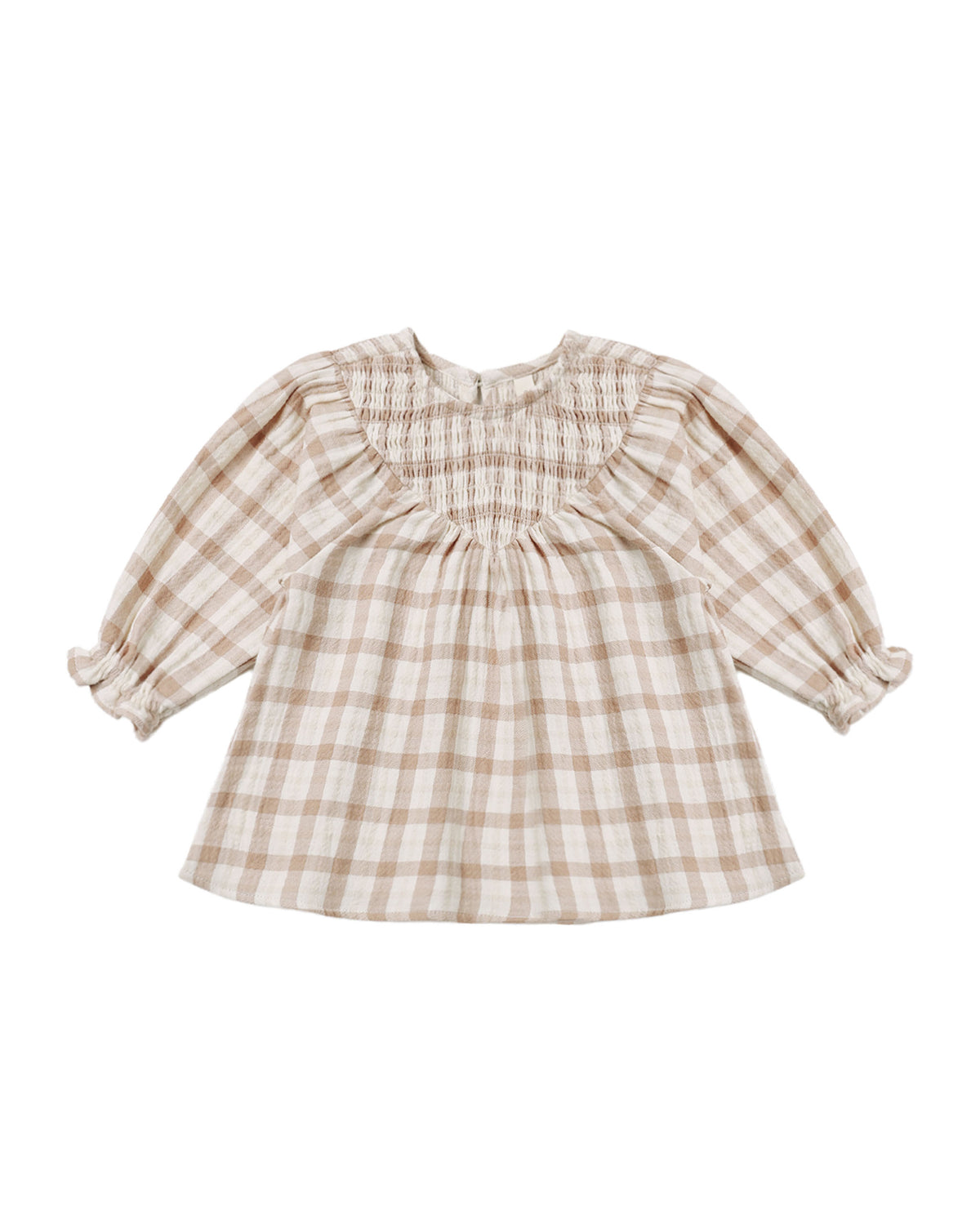 Quincy Mae V SMOCKED DRESS RUSTIC PLAID - ALMOND
