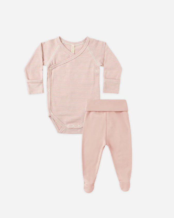 Quincy Mae Side Snap Bodysuit + Pant Set || Rose Micro Stripe